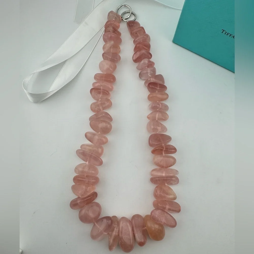 RARE Vtg. Tiffany & Co. Graduated Freeform Rondelle Rose Quartz Bead Necklace
